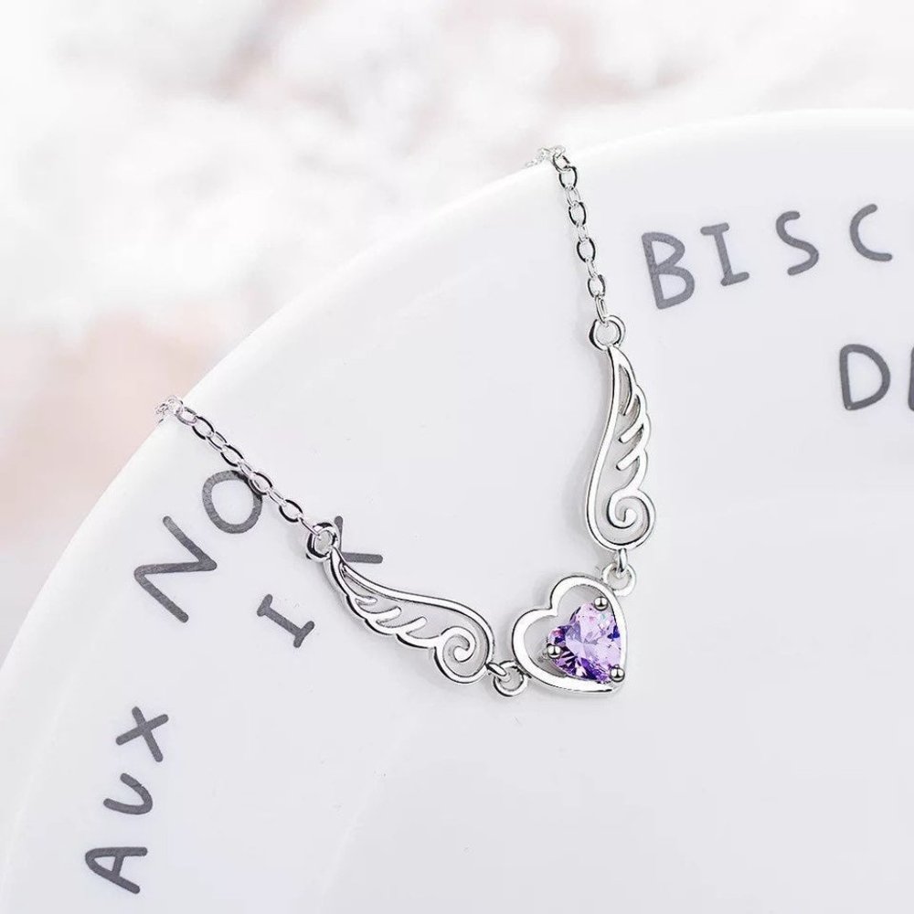14k Gold Amethyst Angel Wing Heart Sterling Silver Bracelet/Anklet - Picture 4 of 10